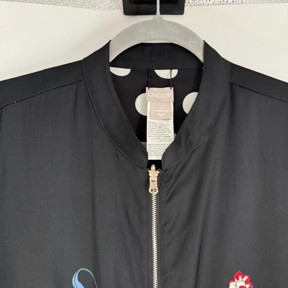 Chicos Reversible Bomber Jacket Womens 12/14 Black Floral Polka Dot Silky Zip Up - Picture 6 of 15